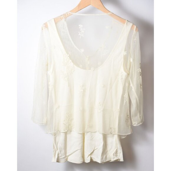 Vintage J. Jill Ivory Sheer Shirt with Tank 3/4 Sleeve Flower Embroidery Size S - Picture 7 of 13